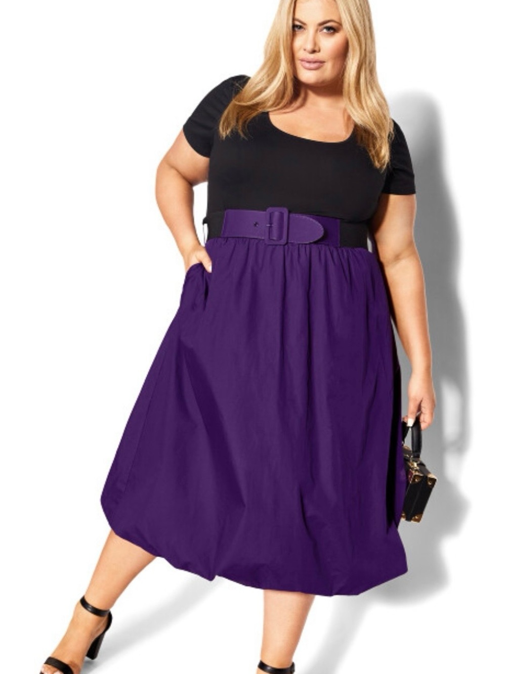 City Chic Black Top with Purple Belted Midi Skirt